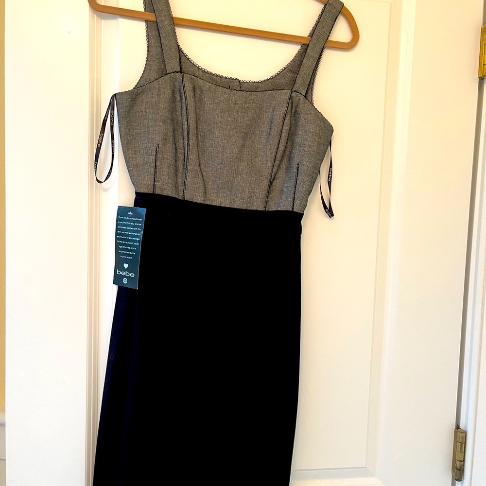 Bebe tweed top and black sheath skirt.
